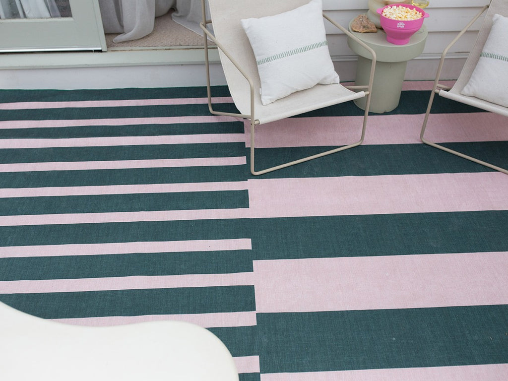 Marilyn Deep Forest Green and Blush Pink Striped Indoor Outdoor Rug