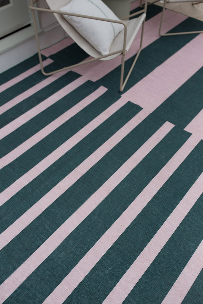 Marilyn Deep Forest Green and Blush Pink Striped Indoor Outdoor Rug