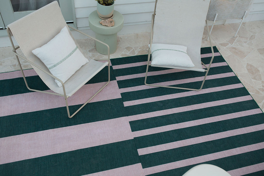 Marilyn Deep Forest Green and Blush Pink Striped Indoor Outdoor Rug