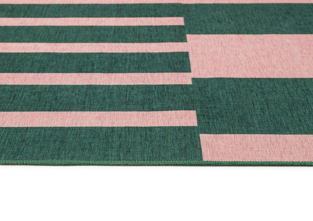 Marilyn Deep Forest Green and Blush Pink Striped Indoor Outdoor Rug