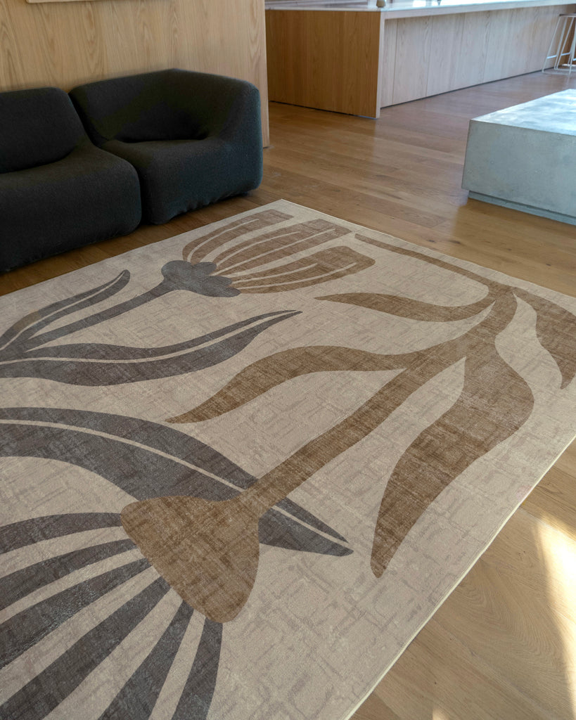 Marzon Beige and Brown Botanical Washable Rug