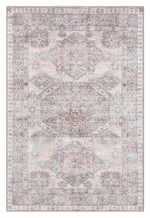Mindi Grey and Pink Traditional Distressed Washable Rug