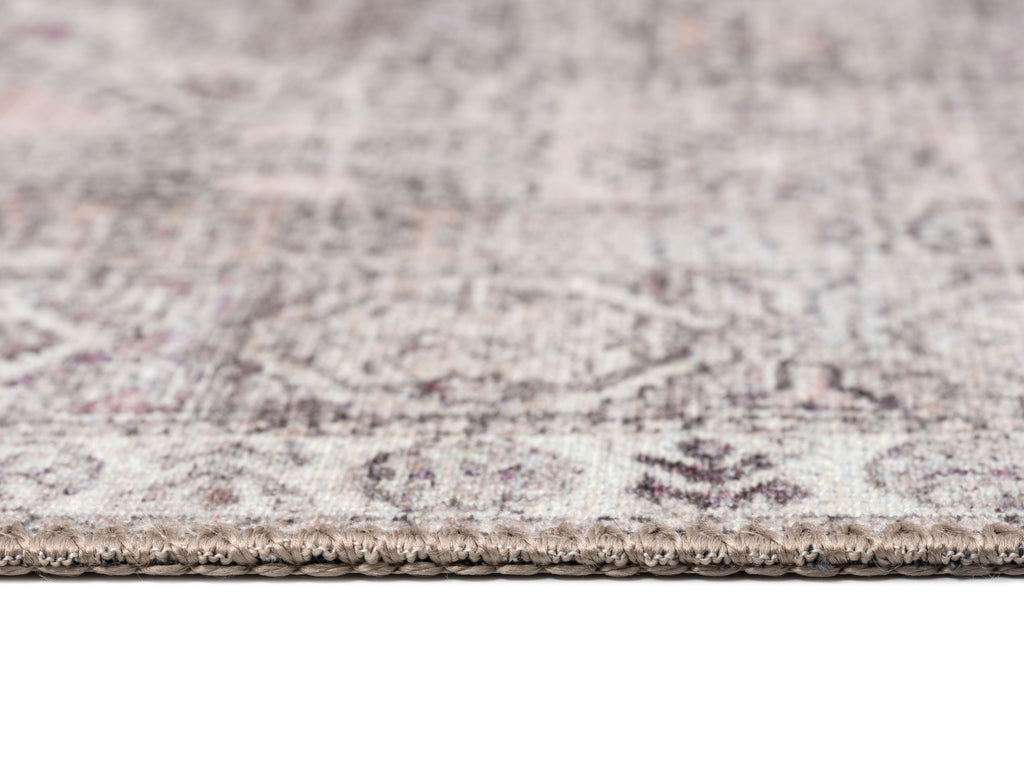 Mindi Grey and Pink Traditional Distressed Washable Rug