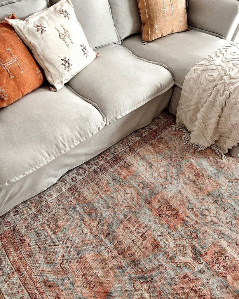 Narem Pink Orange and Blue Traditional Distressed Washable Rug