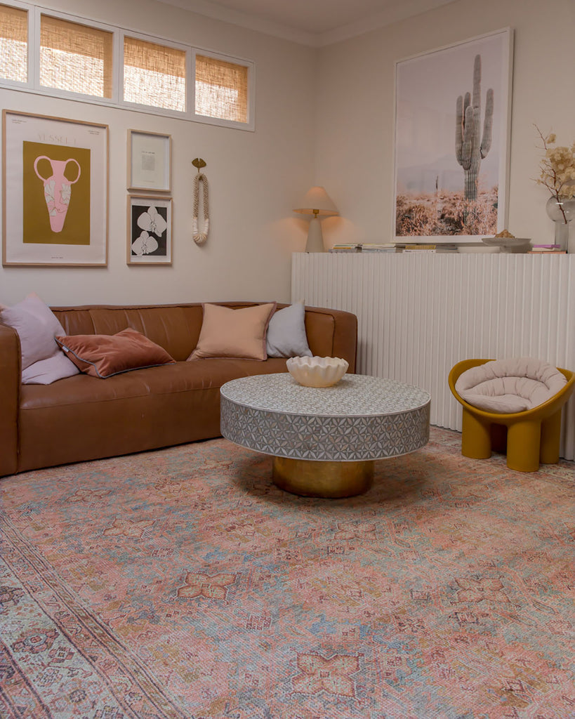 Narem Pink Orange and Blue Traditional Distressed Washable Rug