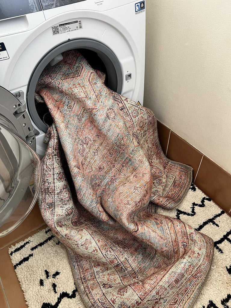 Narem Pink Orange and Blue Traditional Distressed Washable Rug