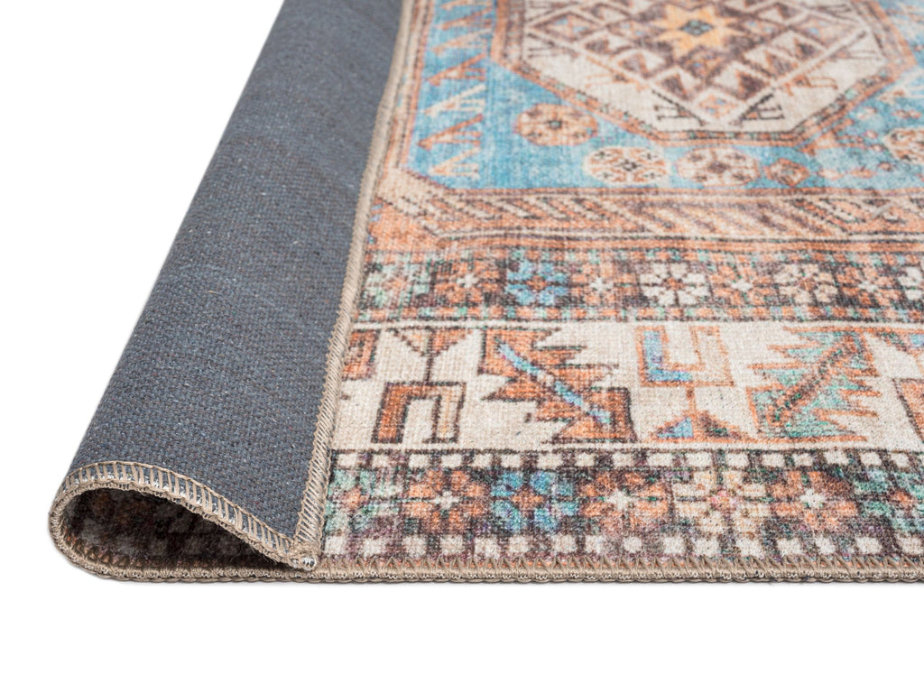 Nazri Orange and Blue Traditional Distressed Washable Rug