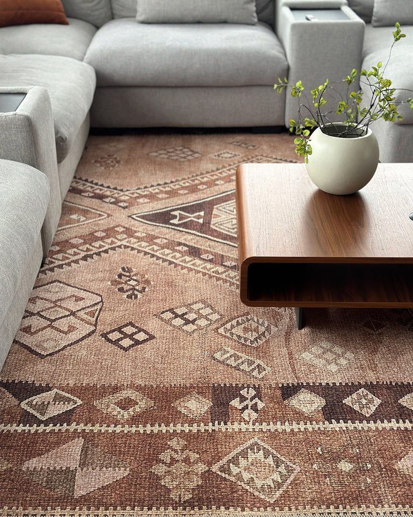 Necha Beige and Brown Tribal Washable Rug