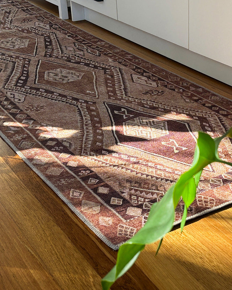 Necha Beige and Brown Tribal Washable Runner Rug