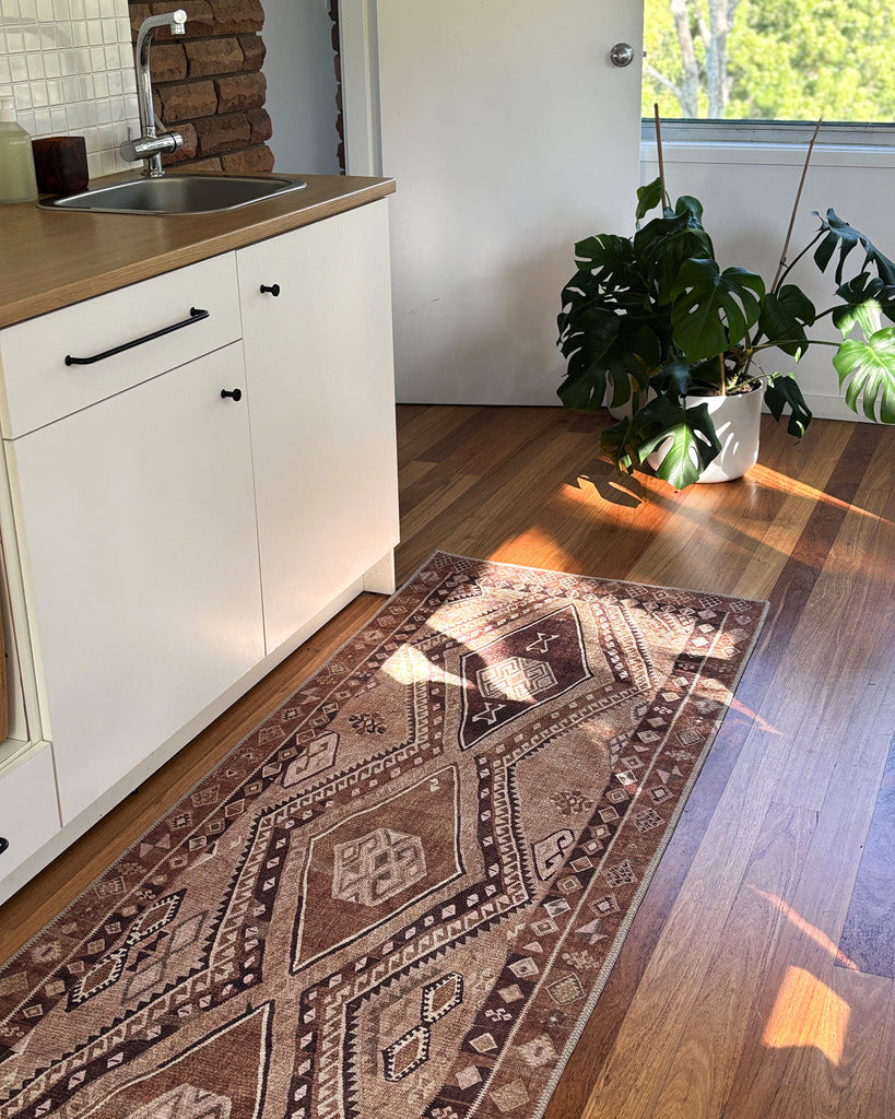 Necha Beige and Brown Tribal Washable Runner Rug