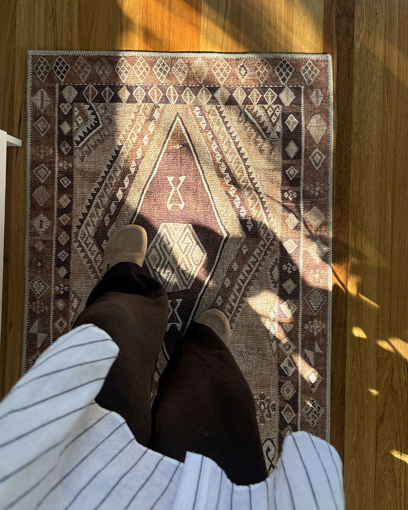 Necha Beige and Brown Tribal Washable Runner Rug