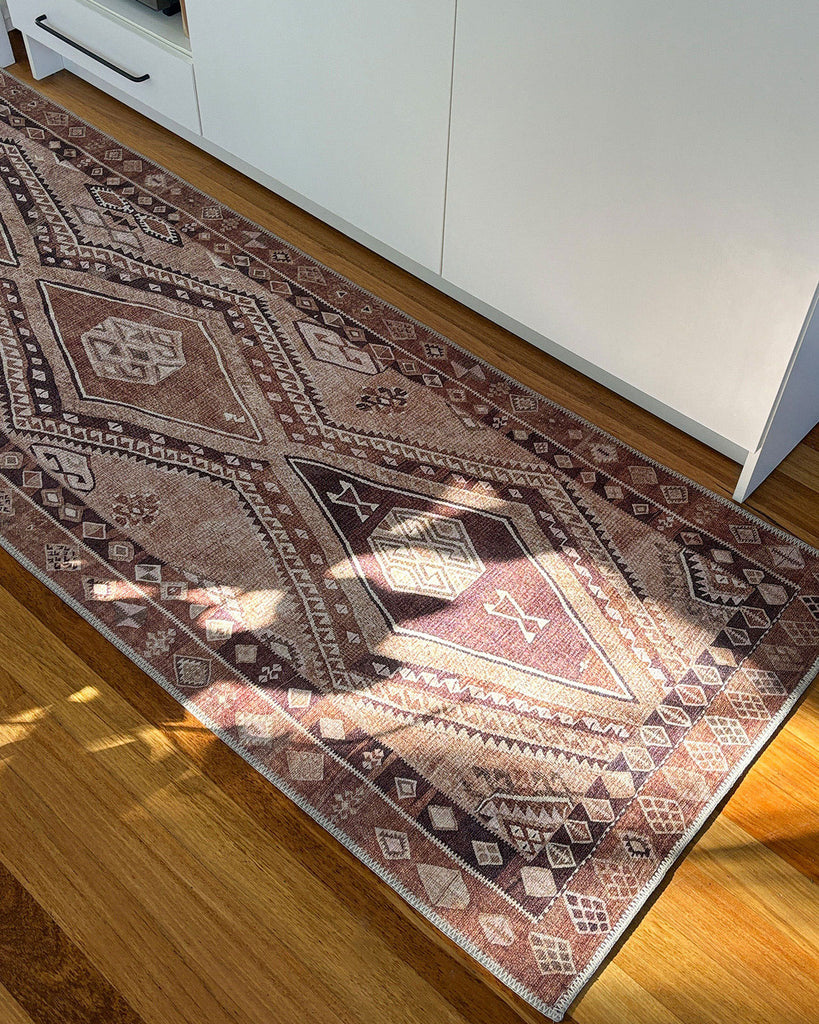 Necha Beige and Brown Tribal Washable Runner Rug