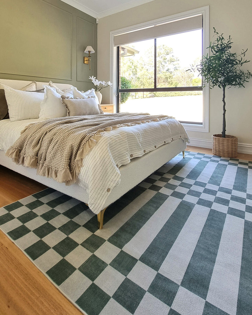 Nicolette Green and White Checkered and Striped Washable Rug