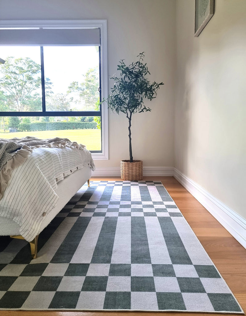 Nicolette Green and White Checkered and Striped Washable Rug