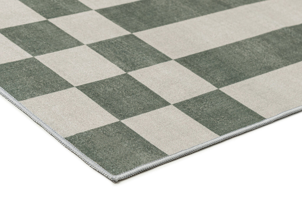 Nicolette Green and White Checkered and Striped Washable Rug