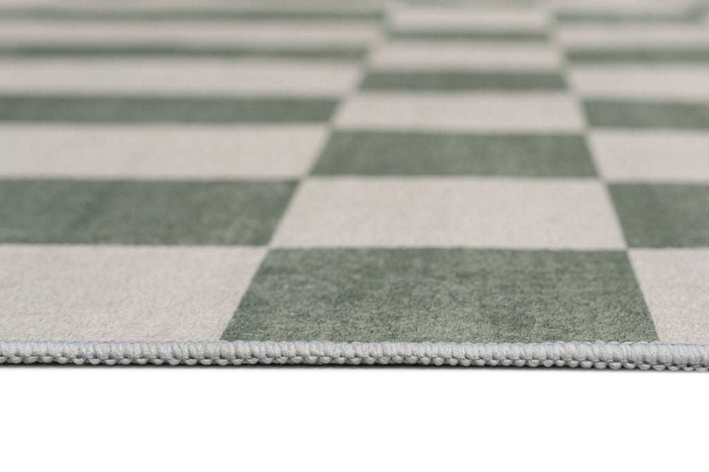 Nicolette Green and White Checkered and Striped Washable Rug