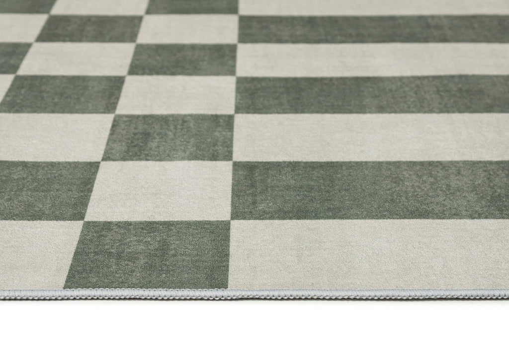 Nicolette Green and White Checkered and Striped Washable Rug