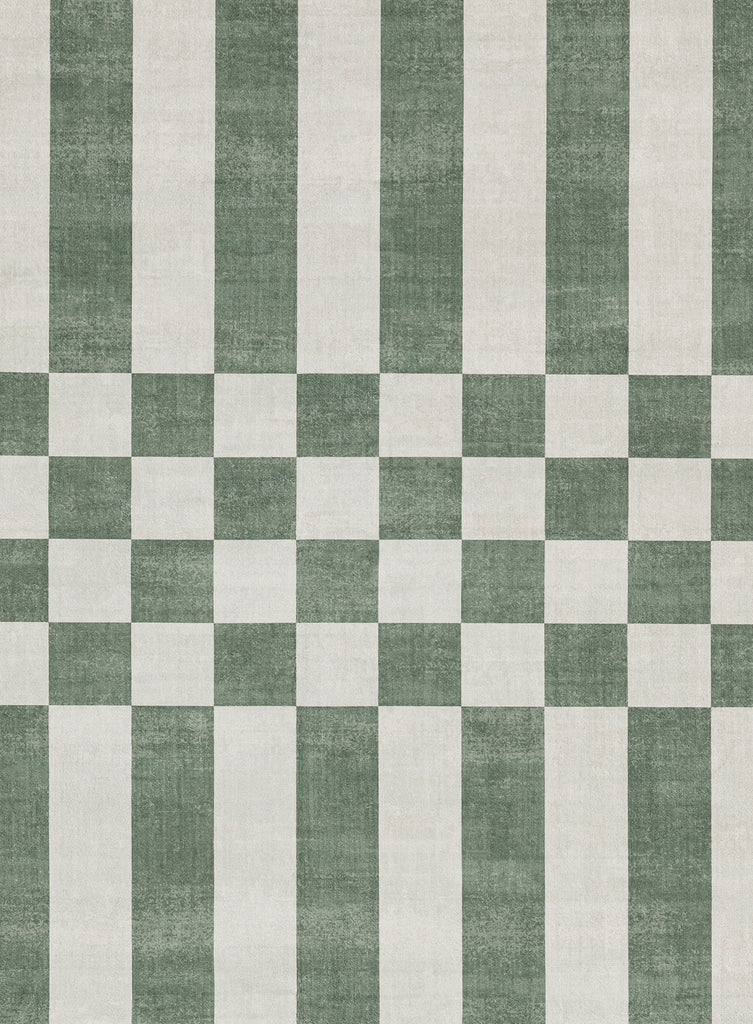 Nicolette Green and White Checkered and Striped Washable Rug