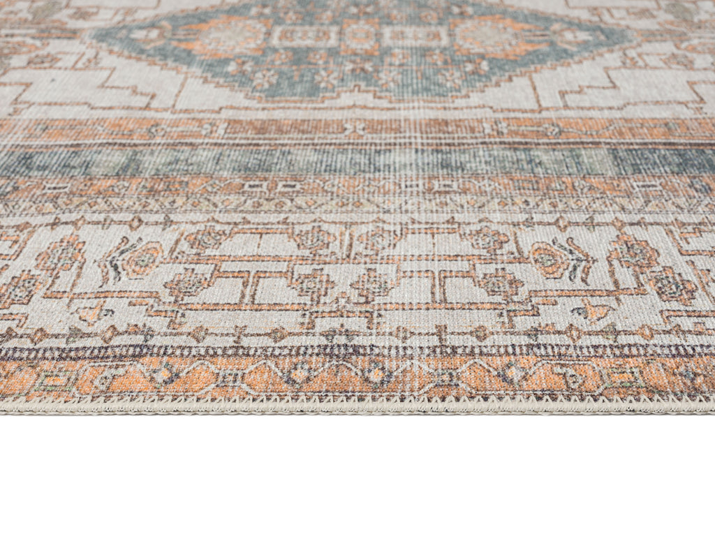 Priya Orange and Green Traditional Distressed Washable Rug