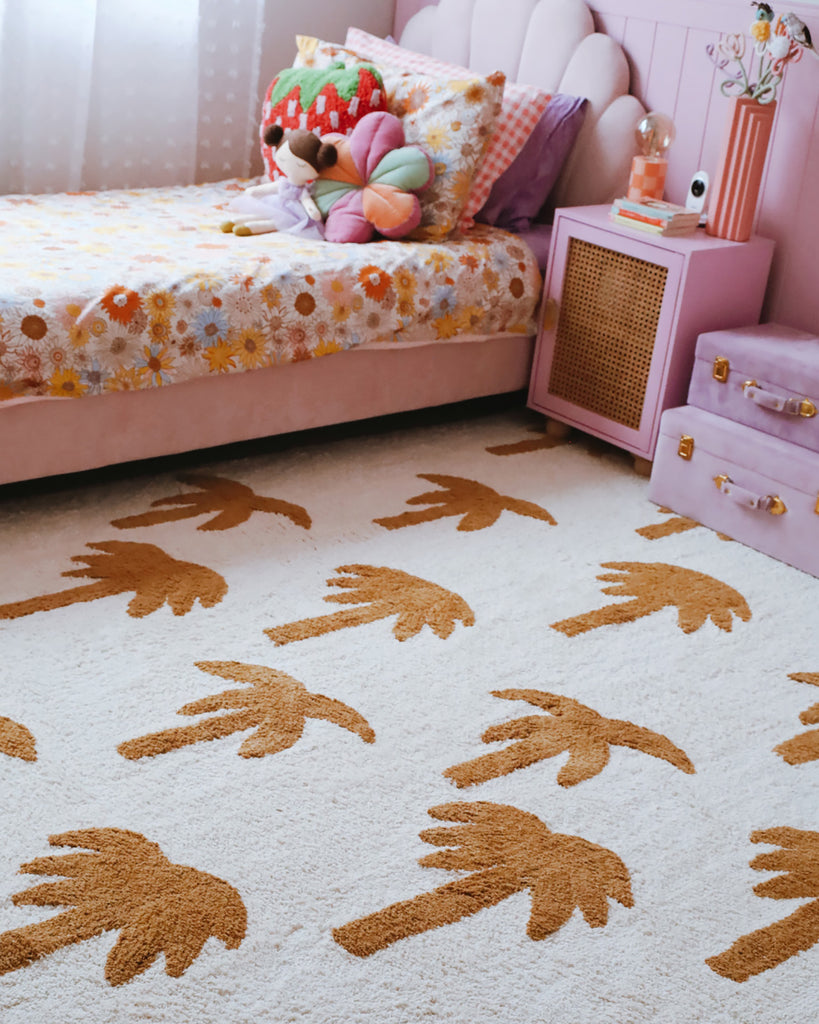 Saffron Mustard Brown Palm Tree Cotton Washable Rug
