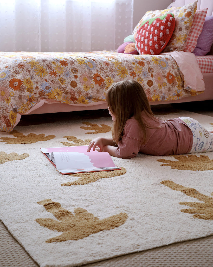 Saffron Mustard Brown Palm Tree Cotton Washable Rug