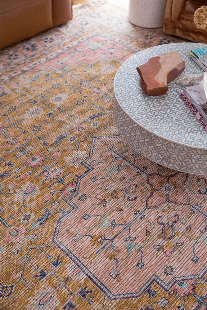 Sissa Mustard and Peach Floral Distressed Rug