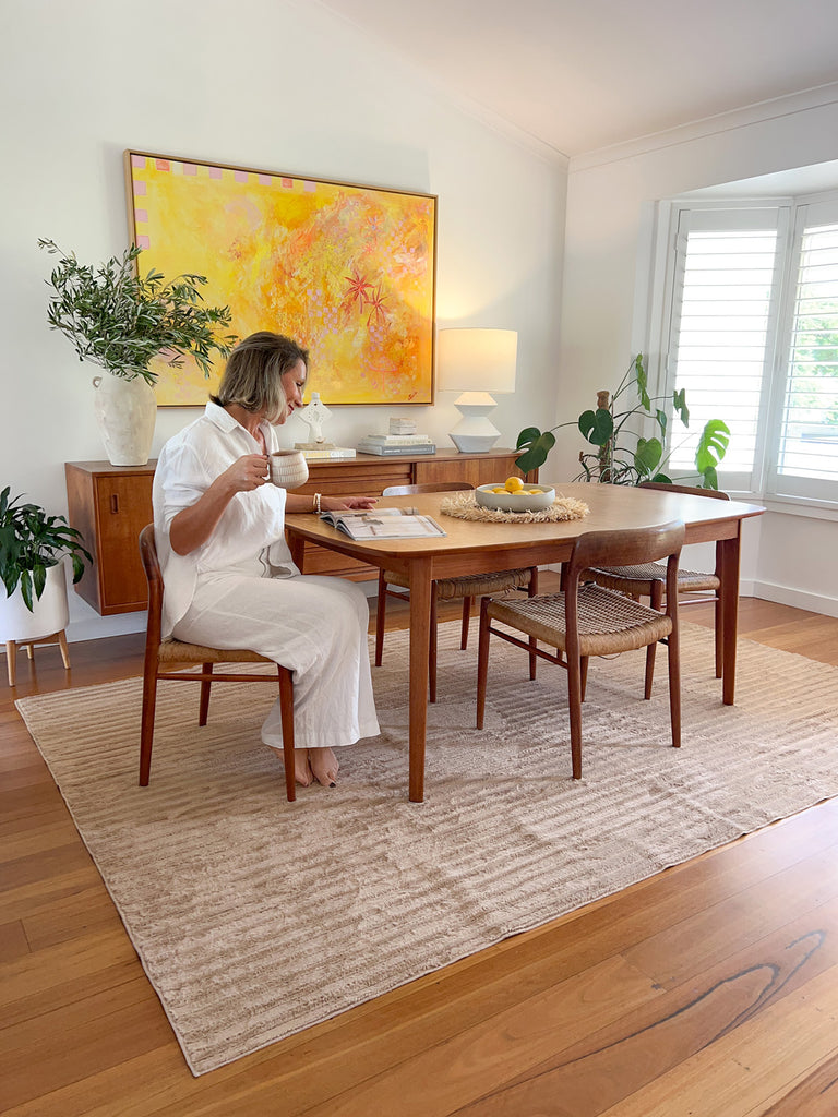 Sitti Beige Striped Washable Faux Fur Rug