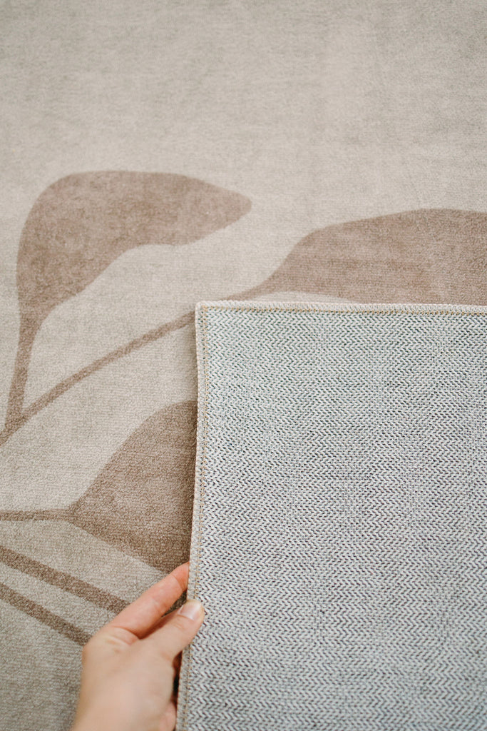 Solange Beige and Brown Botanical Border Washable Rug