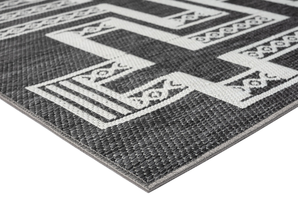 Teyona Charcoal and Ivory Tribal Flatweave Indoor Outdoor Rug