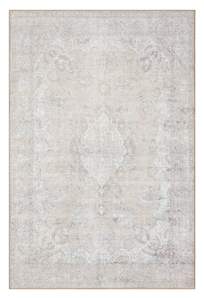 Tinka Beige and Grey Traditional Distressed Washable Rug