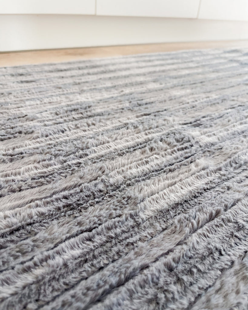Tonca Grey Striped Washable Faux Fur Runner Rug