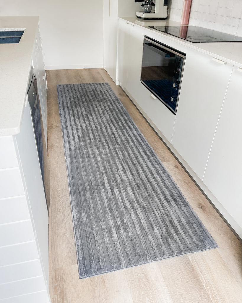 Tonca Grey Striped Washable Faux Fur Runner Rug