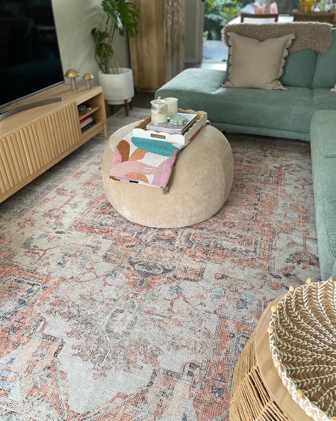 Ceren Orange and Blue Traditional Distressed Washable Rug
