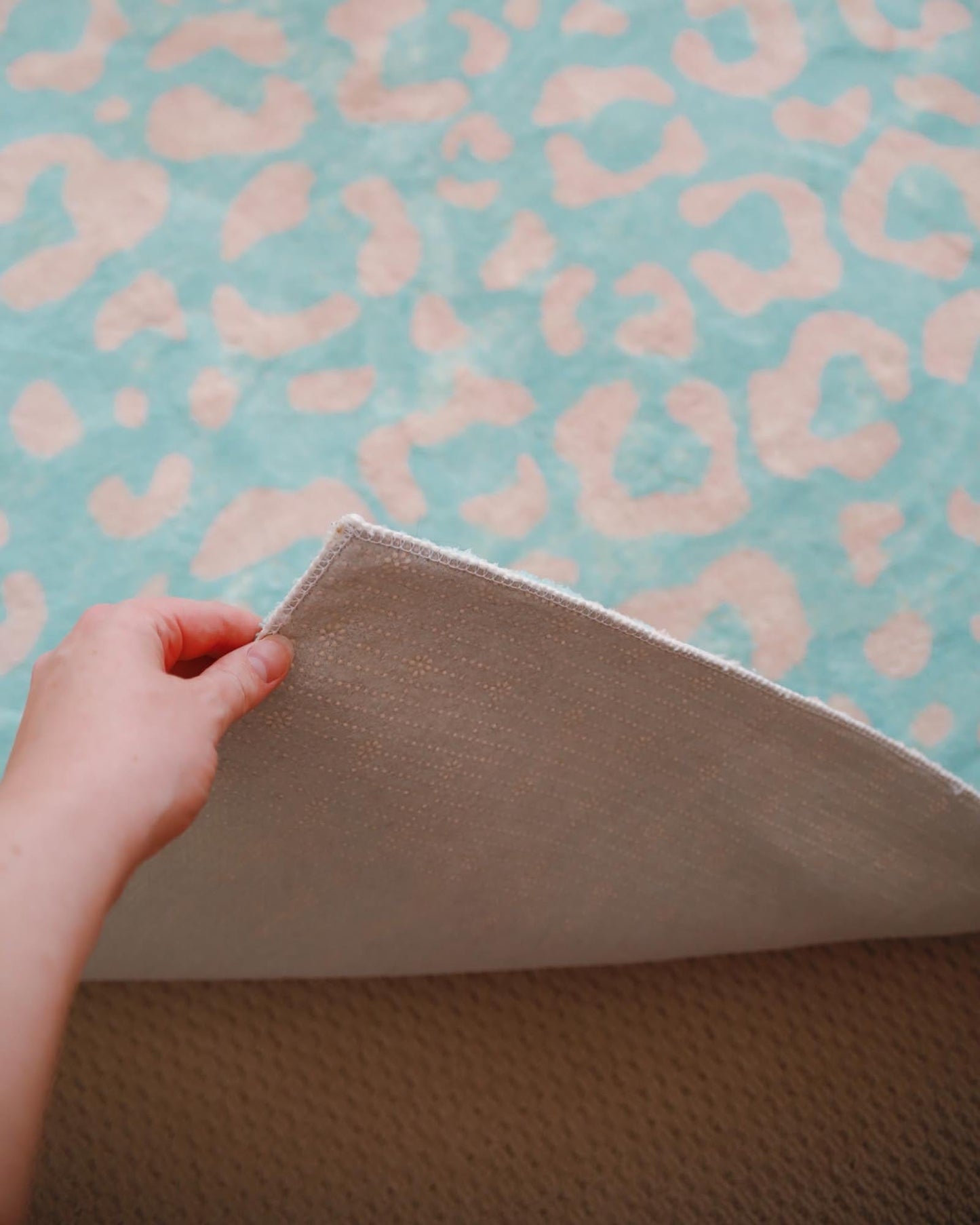 Esmeralda Pink and  Mint Green Leopard Print Washable Rug
