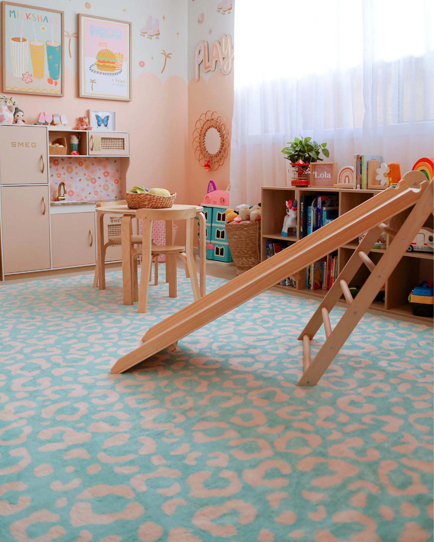 Esmeralda Pink and  Mint Green Leopard Print Washable Rug