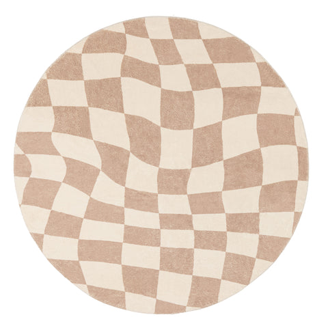 Logan Beige and Ivory Checkered Washable Round Rug