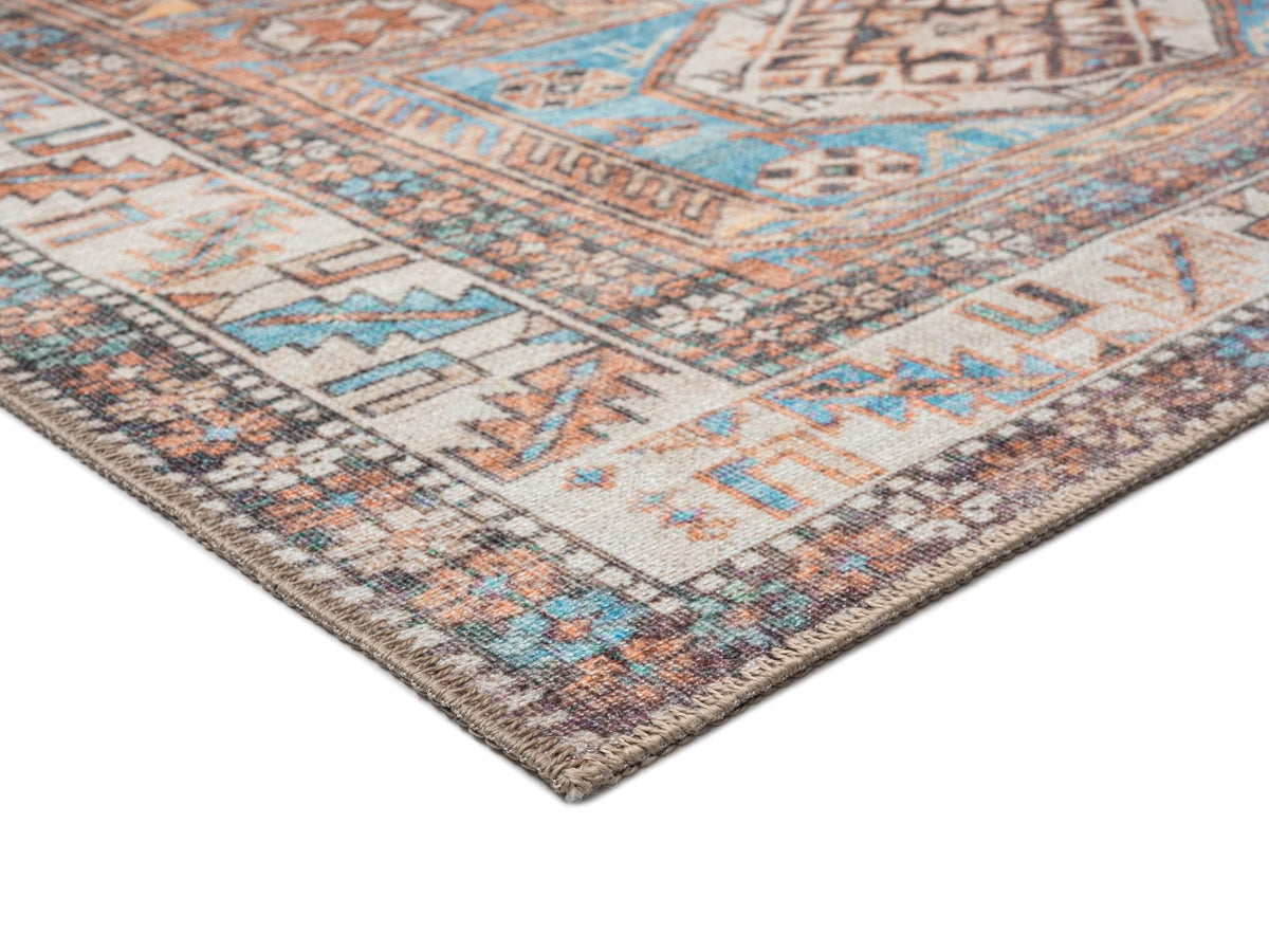Nazri Orange and Blue Traditional Distressed Washable Rug