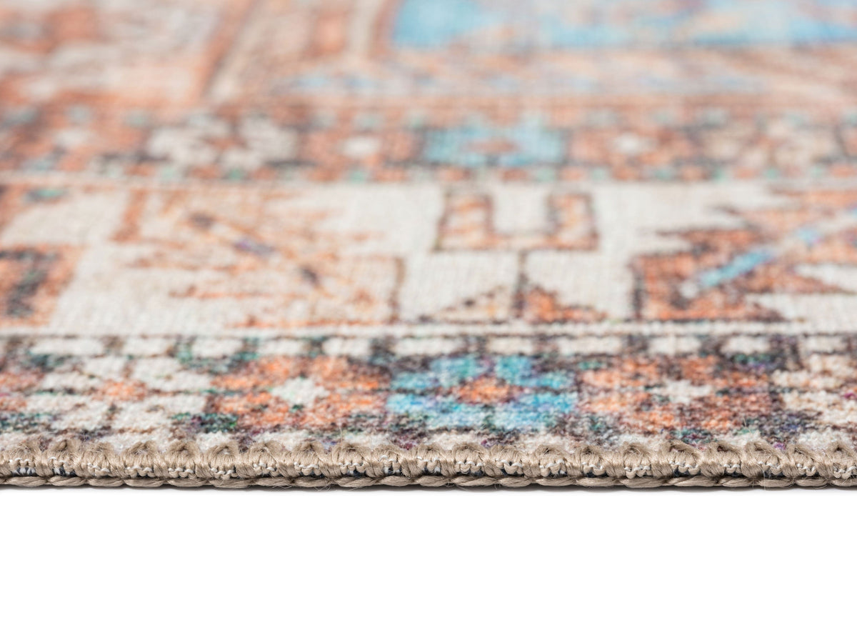 Nazri Orange and Blue Traditional Distressed Washable Rug