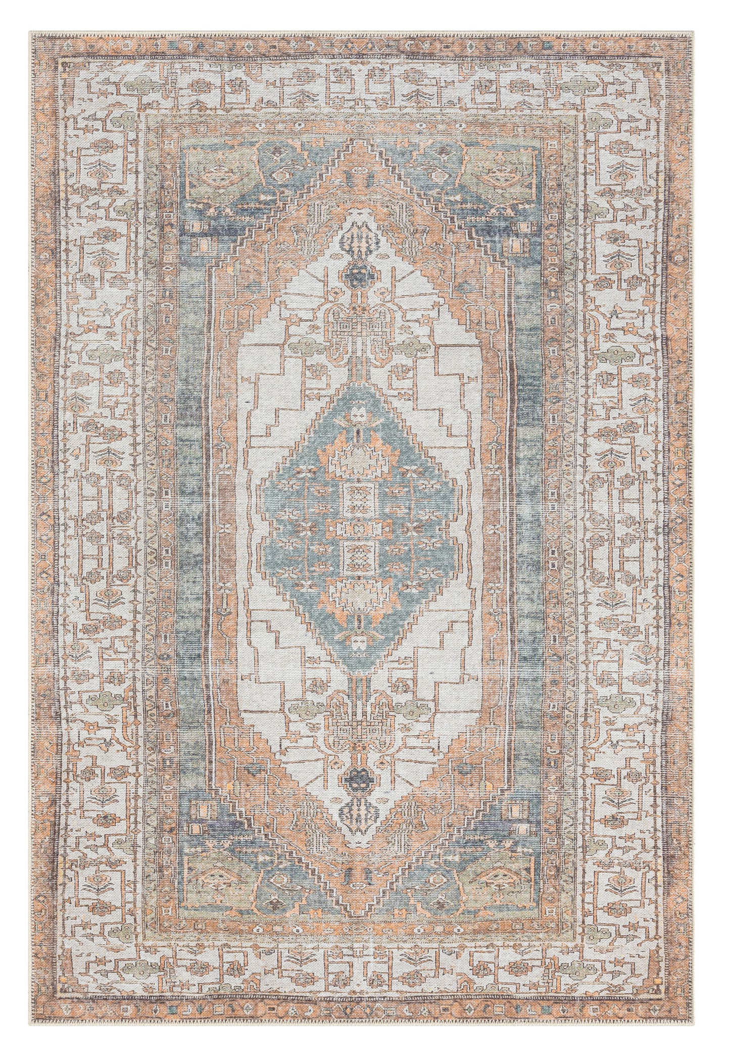 Priya Orange and Green Traditional Distressed Washable Rug