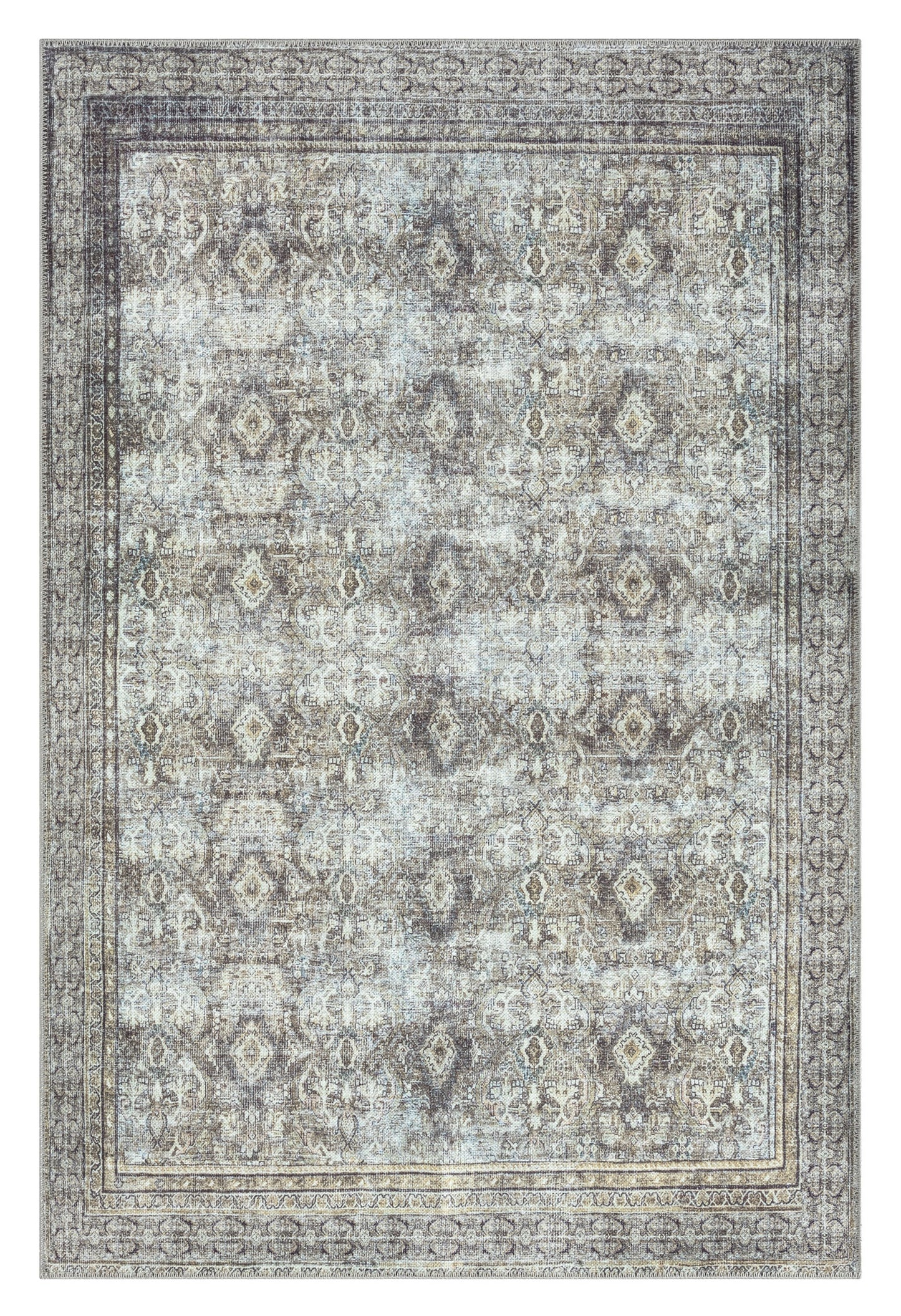Santi Green and Grey Traditional Distressed Washable Rug