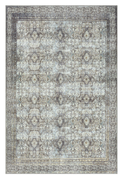 Santi Green and Grey Traditional Distressed Washable Rug