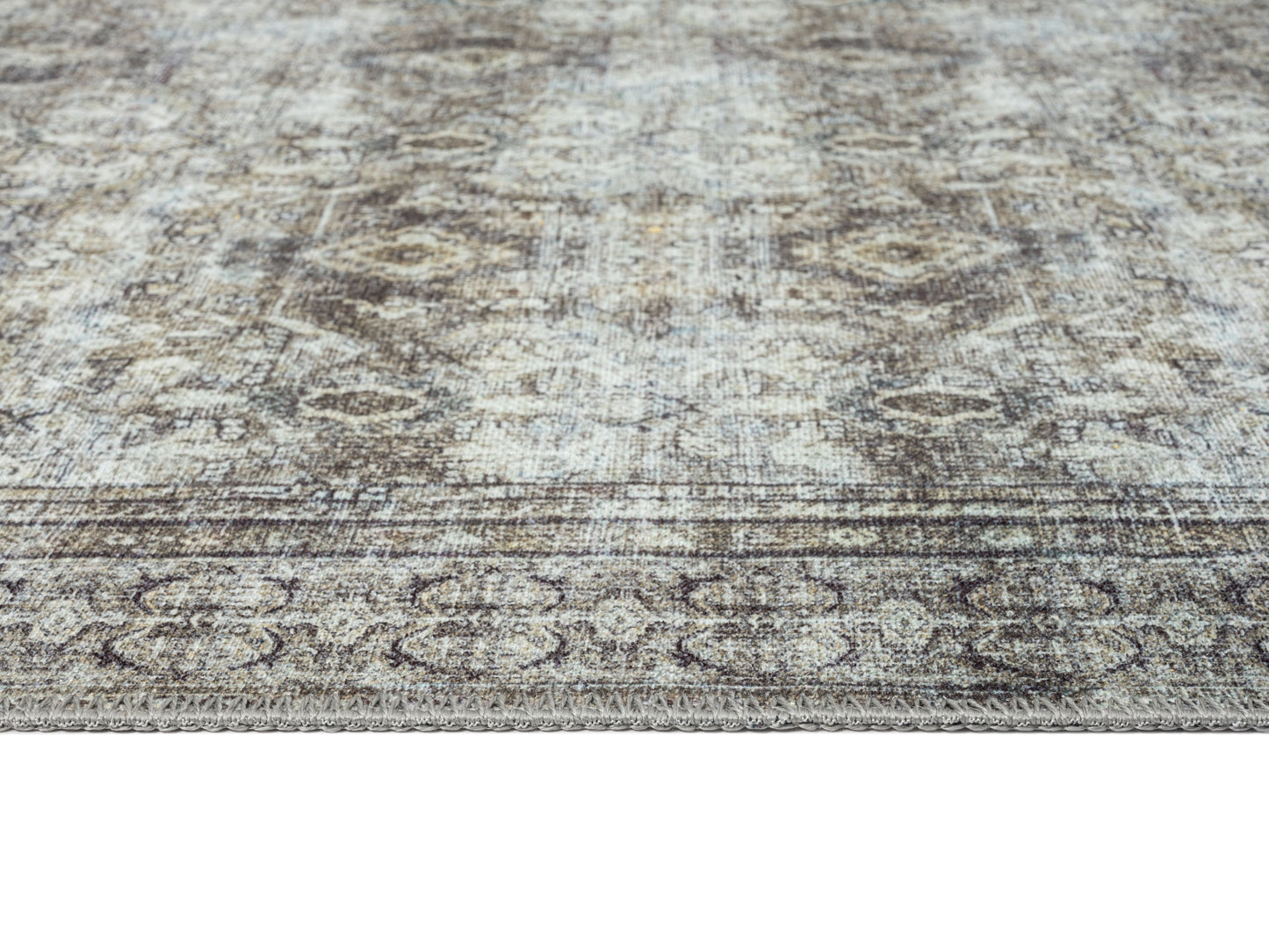 Santi Green and Grey Traditional Distressed Washable Rug