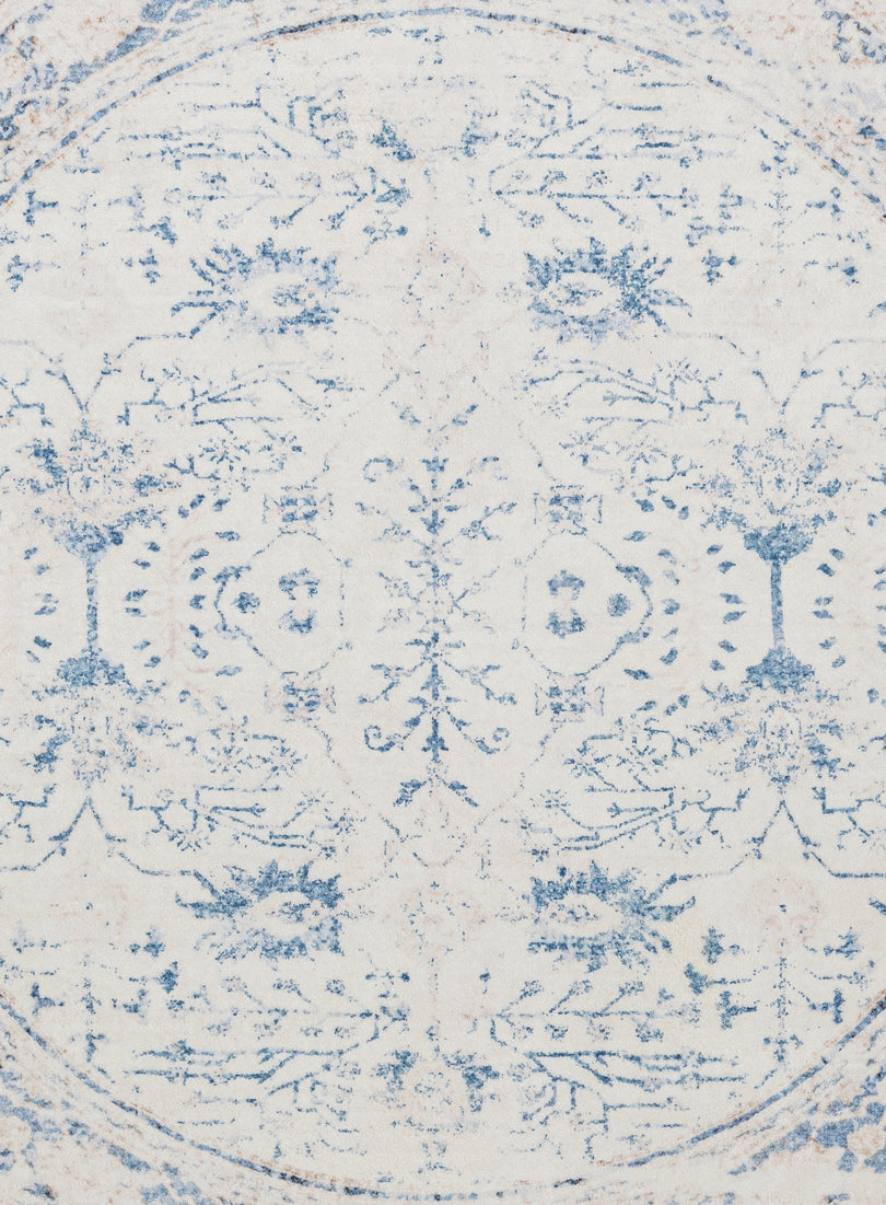 Sarafina Blue and Grey Distressed Washable Round Rug