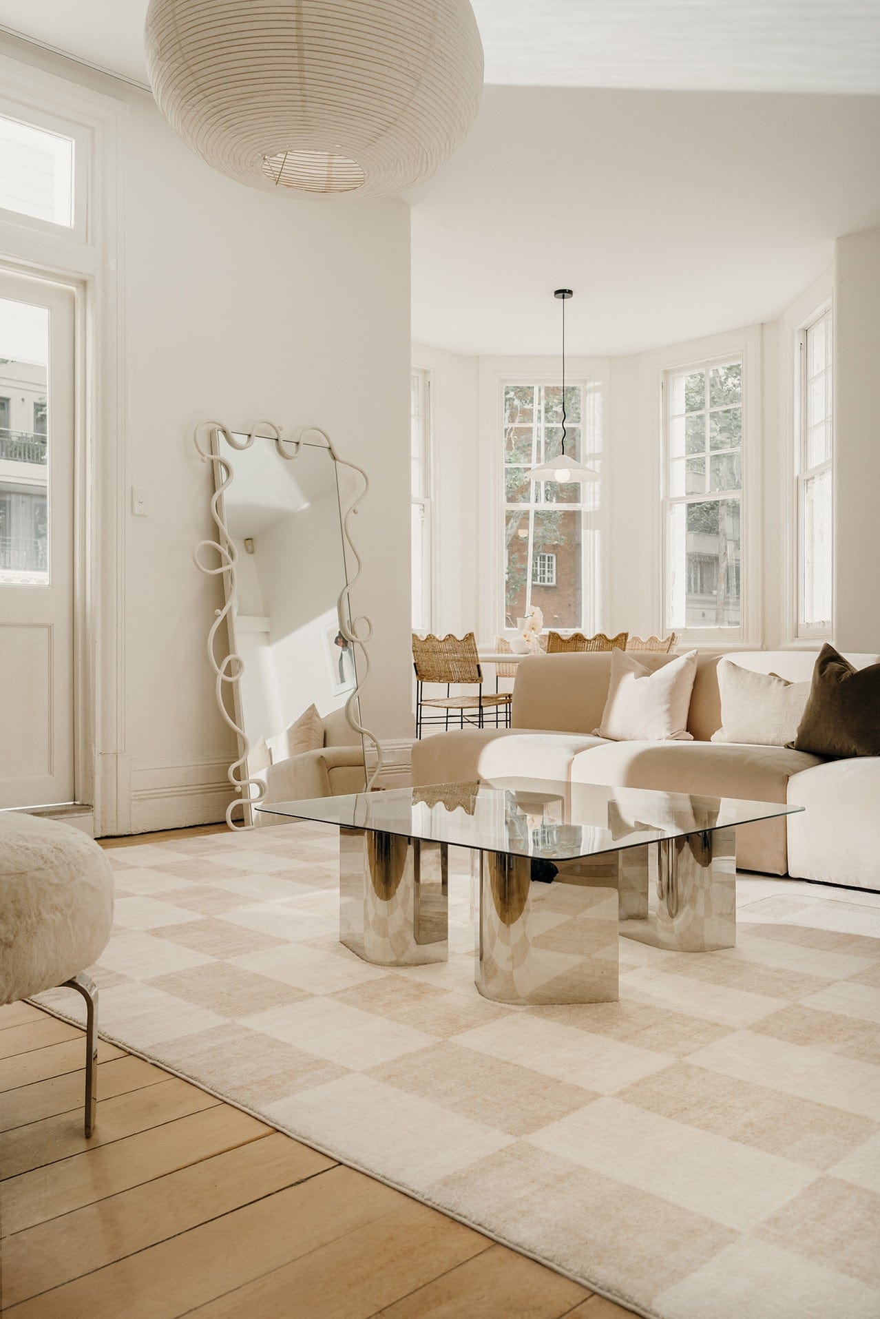 Shira Neutral Beige Checkered Washable Rug