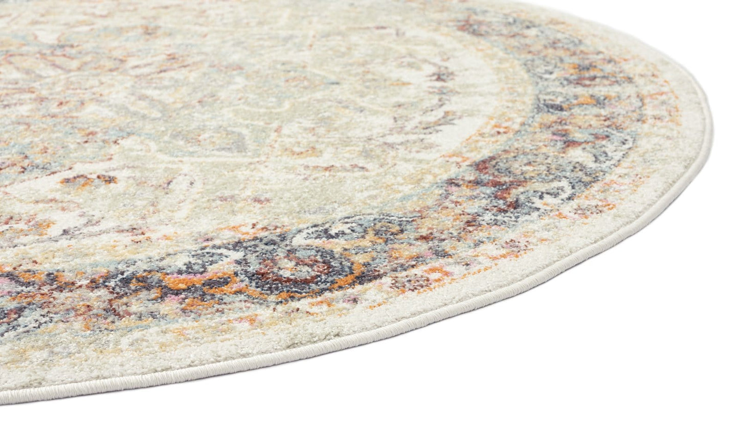 Summer Orange and Blue Multi-Colour Distressed Round Rug