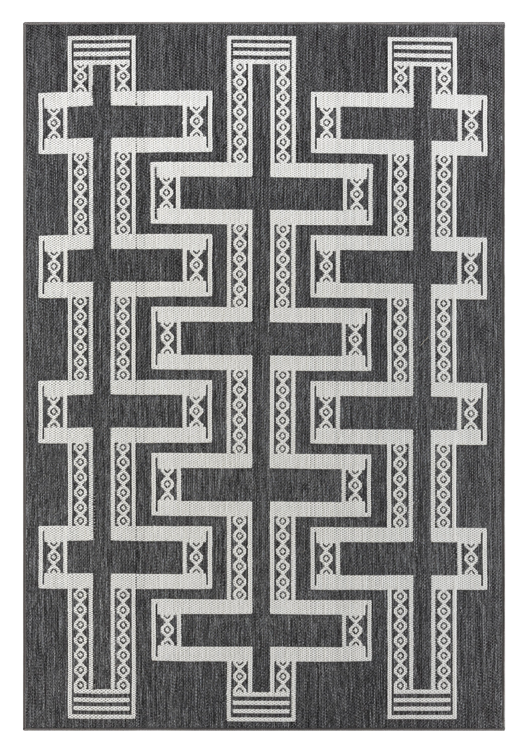 Teyona Charcoal and Ivory Tribal Flatweave Indoor Outdoor Rug