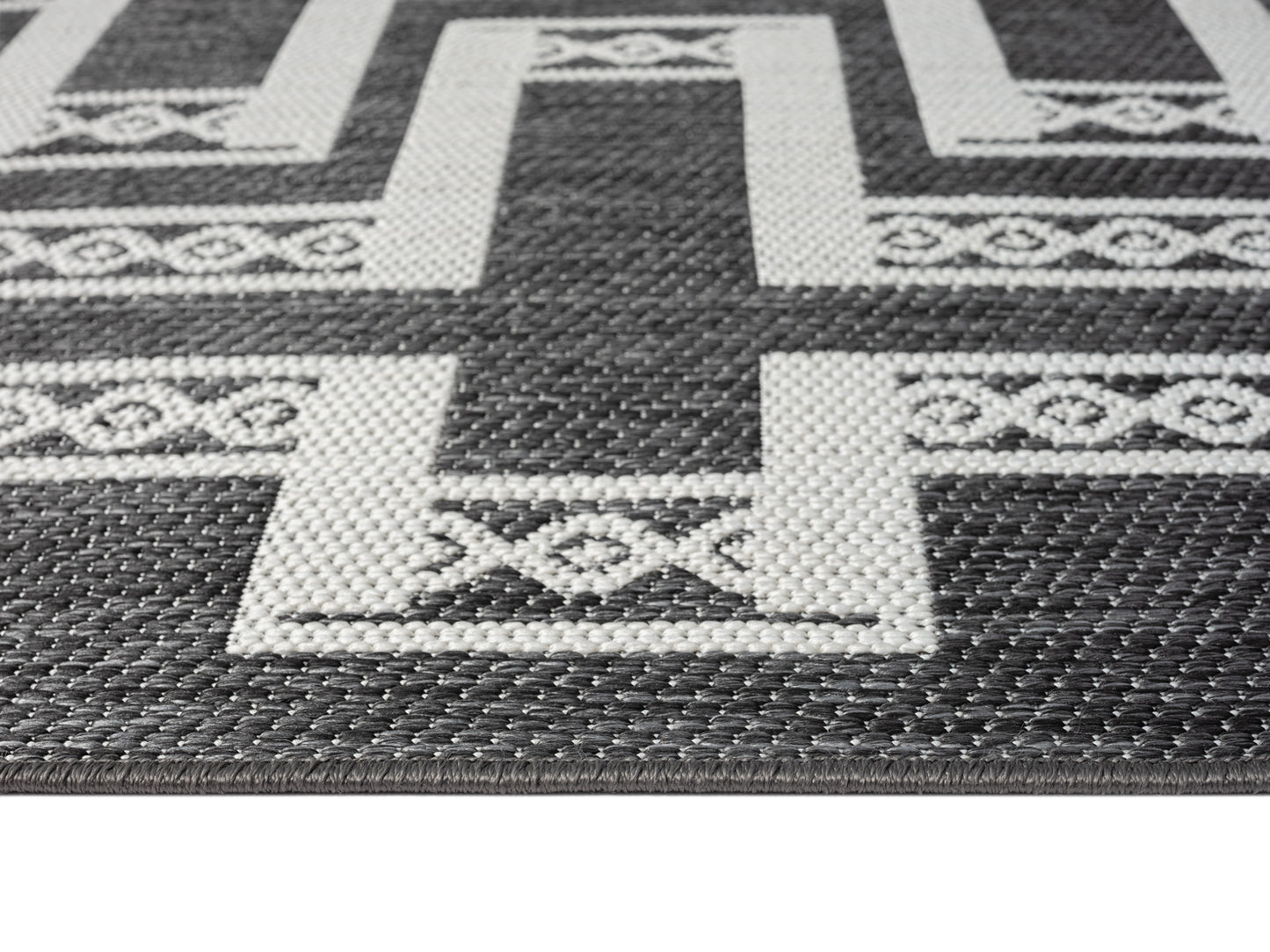 Teyona Charcoal and Ivory Tribal Flatweave Indoor Outdoor Rug